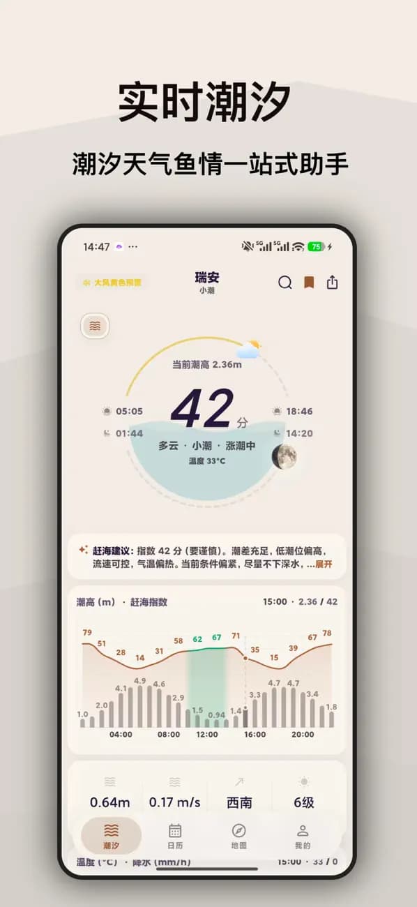 如意潮汐表 App 实时潮汐页面,展示当前潮高、赶海指数和潮位趋势